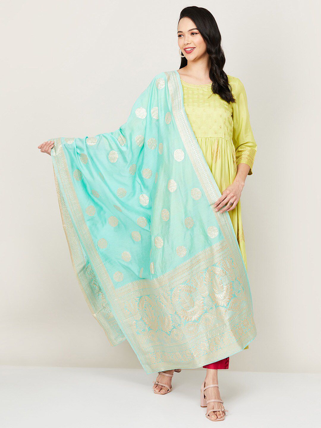 Melange by Lifestyle Blue & Gold-Toned Ethnic Motifs Woven Design Viscose Rayon Dupatta with Zari