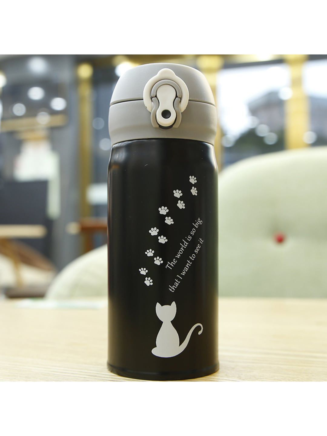 iSWEVEN Black Printed Stainless Steel Double Wall Vacuum Insulated Water Bottle 350 ML Price in India