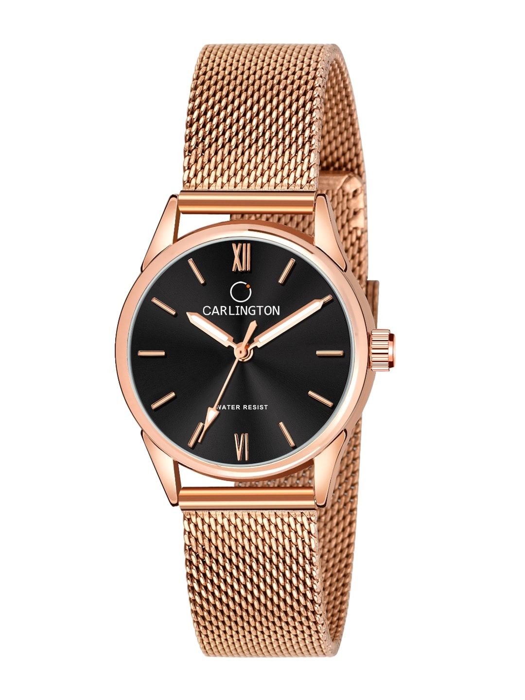 CARLINGTON Women Black Dial & Rose Gold Toned Stainless Steel Bracelet Style Straps Analogue Watch Price in India