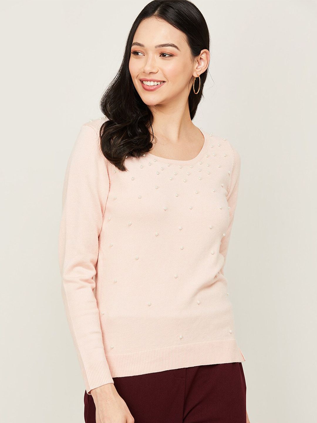 Bossini Women Pink & White Embellished Pullover Sweater Price in India