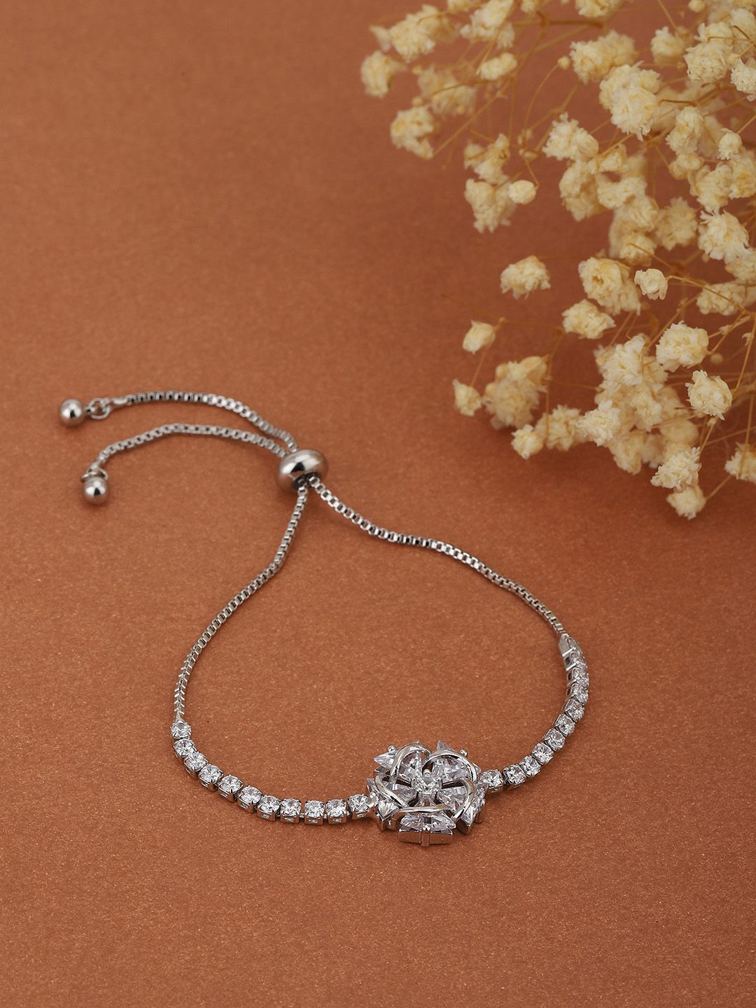 Carlton London Women Silver-Toned Rhodium-Plated Cubic Zirconia Handcrafted Bracelet Price in India