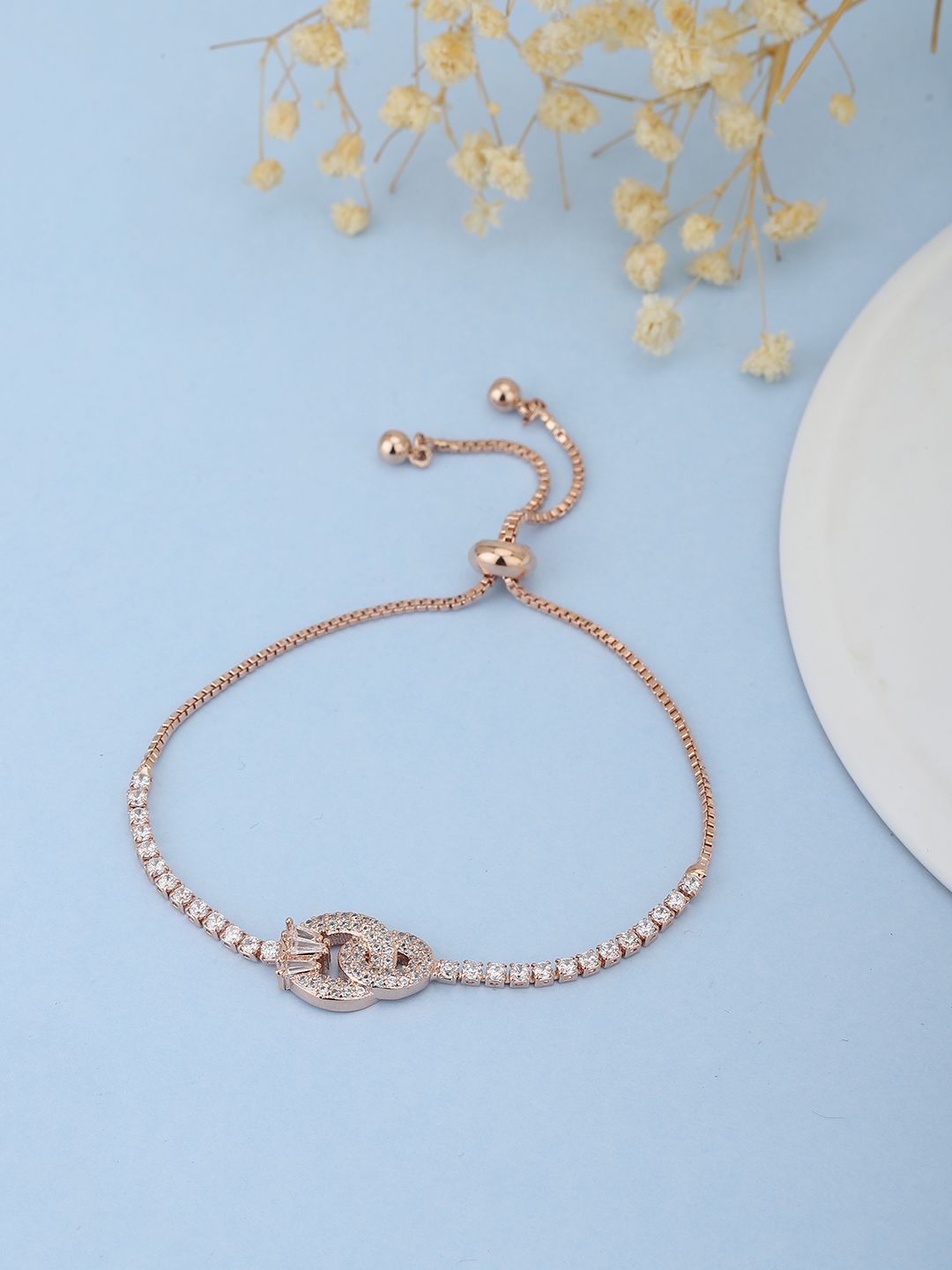 Carlton London Women Rose Gold Brass Cubic Zirconia Handcrafted Rose Gold-Plated Link Bracelet Price in India