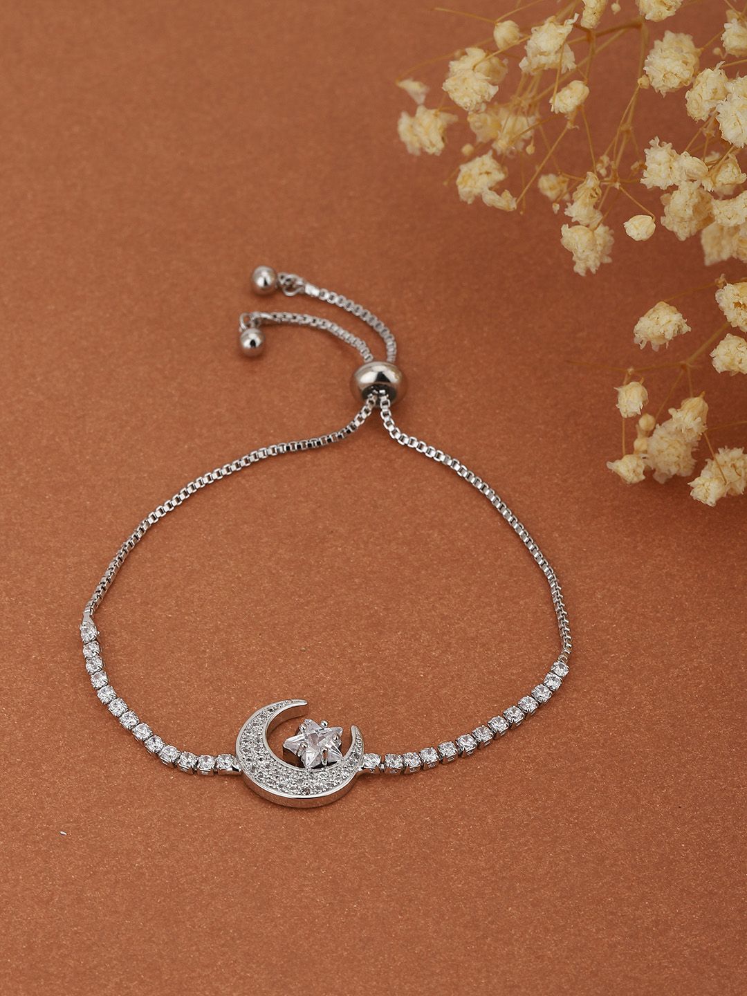 Carlton London Silver-Toned CZ-Studded Rhodium-Plated Handcrafted Link Bracelet Price in India