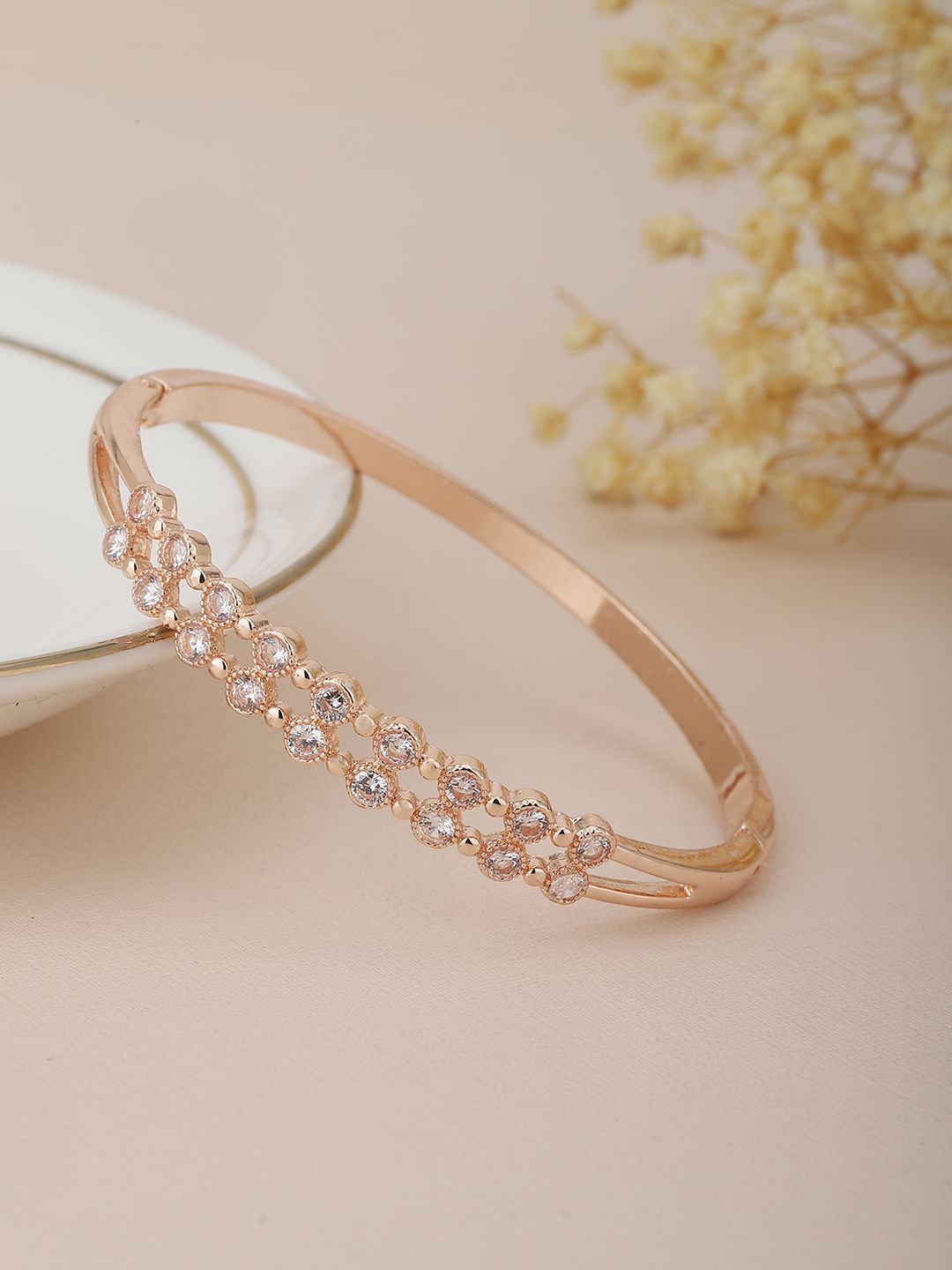 Carlton London Women Rose Gold Brass Cubic Zirconia Handcrafted Rose Gold-Plated Link Bracelet Price in India