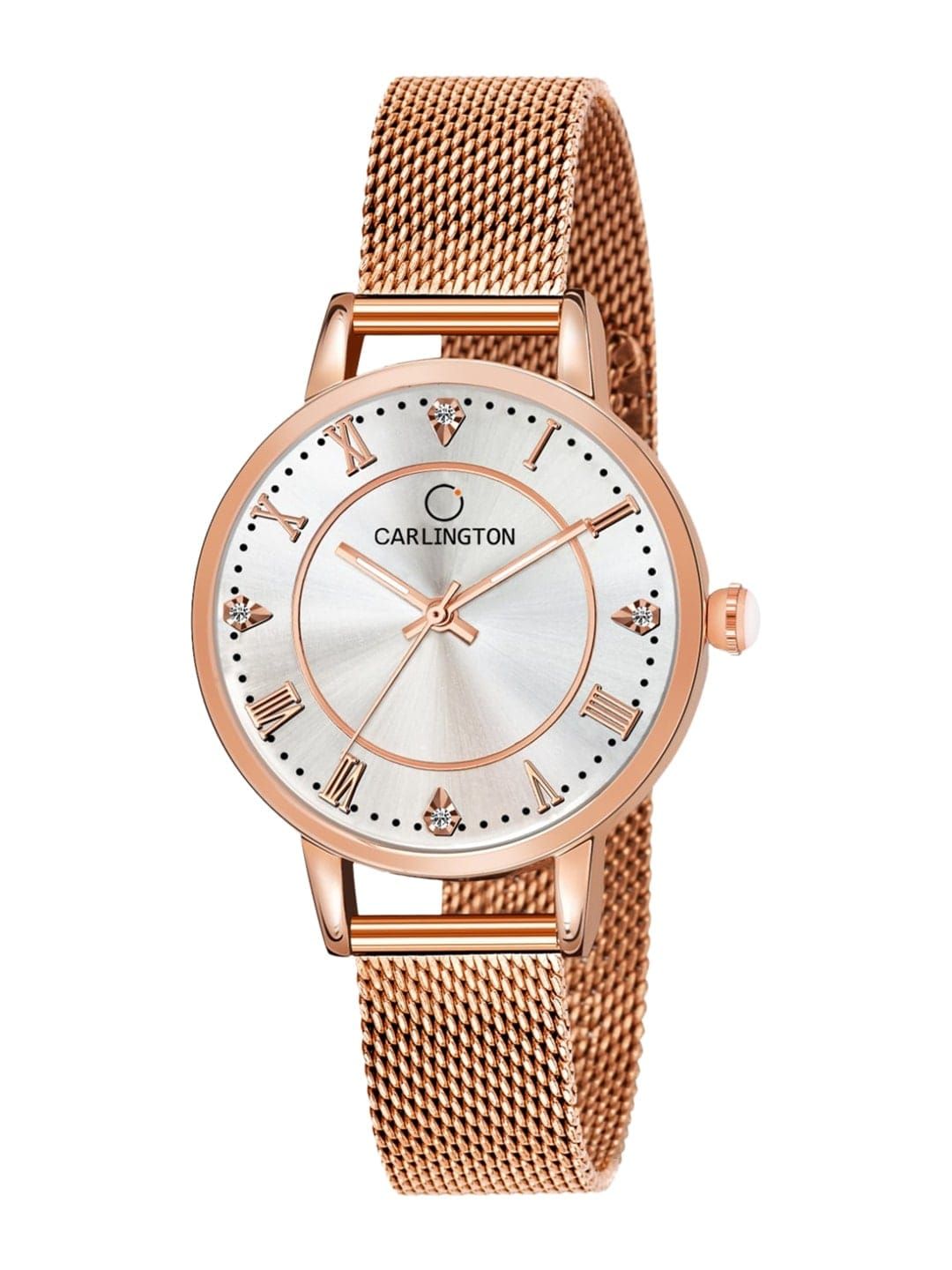 CARLINGTON Women Cream-Coloured Embellished Dial & Rose Gold Toned Stainless Steel Bracelet Style Straps Watch Price in India