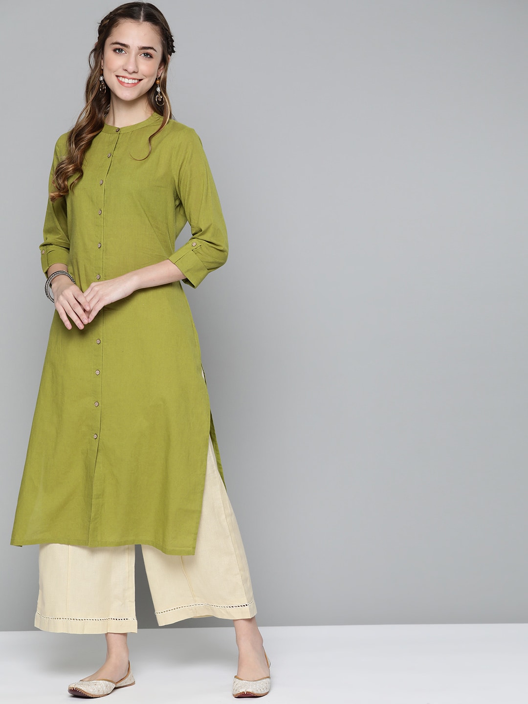 HERE&NOW Women Olive Green Solid Pure Cotton Kurta Price in India