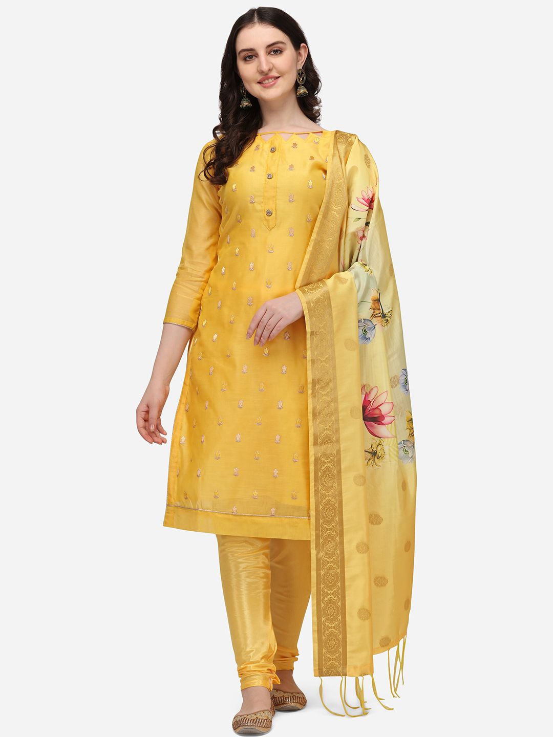 RAJGRANTH Yellow Embroidered Jacquard Unstitched Dress Material Price in India