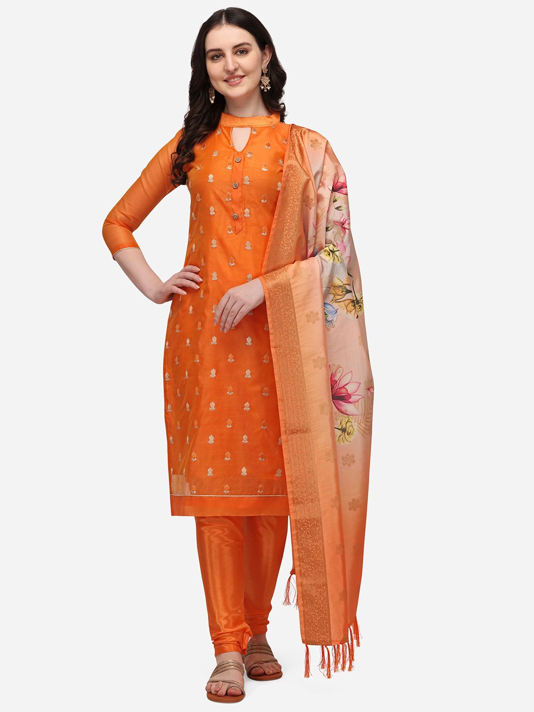 RAJGRANTH Orange & Beige Embroidered Unstitched Dress Material Price in India