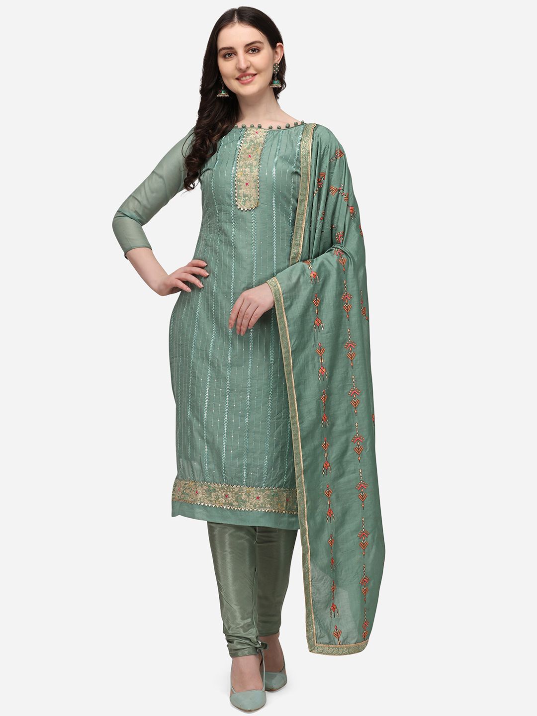 RAJGRANTH Turquoise Blue & Gold-Toned Chanderi Embroidered Unstitched Dress Material Price in India