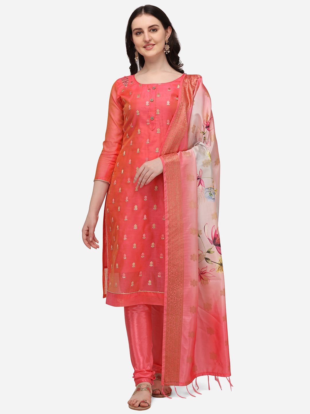 RAJGRANTH Pink & Gold-Coloured Embroidered Chanderi Unstitched Dress Material Price in India