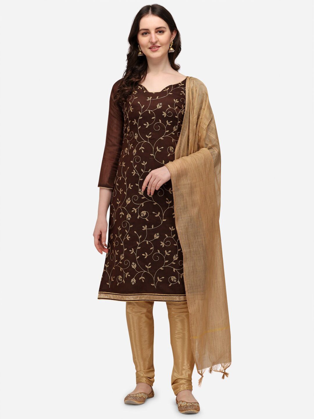 RAJGRANTH Brown & Gold-Toned Chanderi With Sequins Embroidered Unstitched Dress Material Price in India