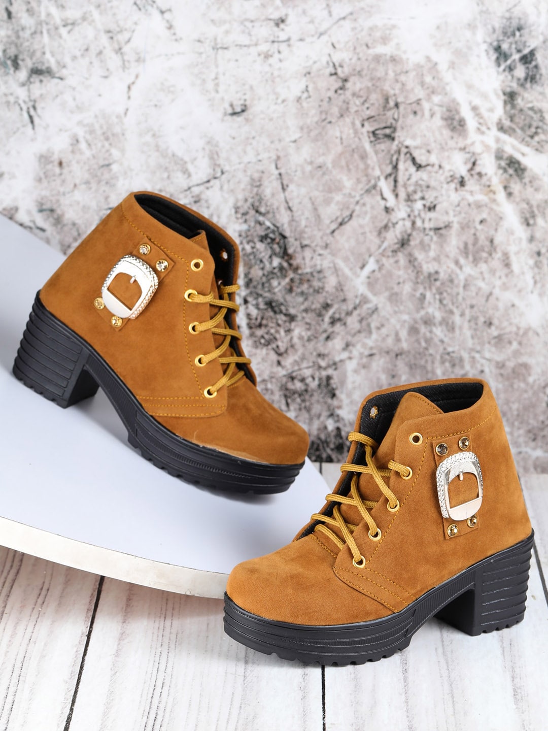 LONDON STEPS Tan Brown Mid-Top Suede Block Heeled Boots Price in India