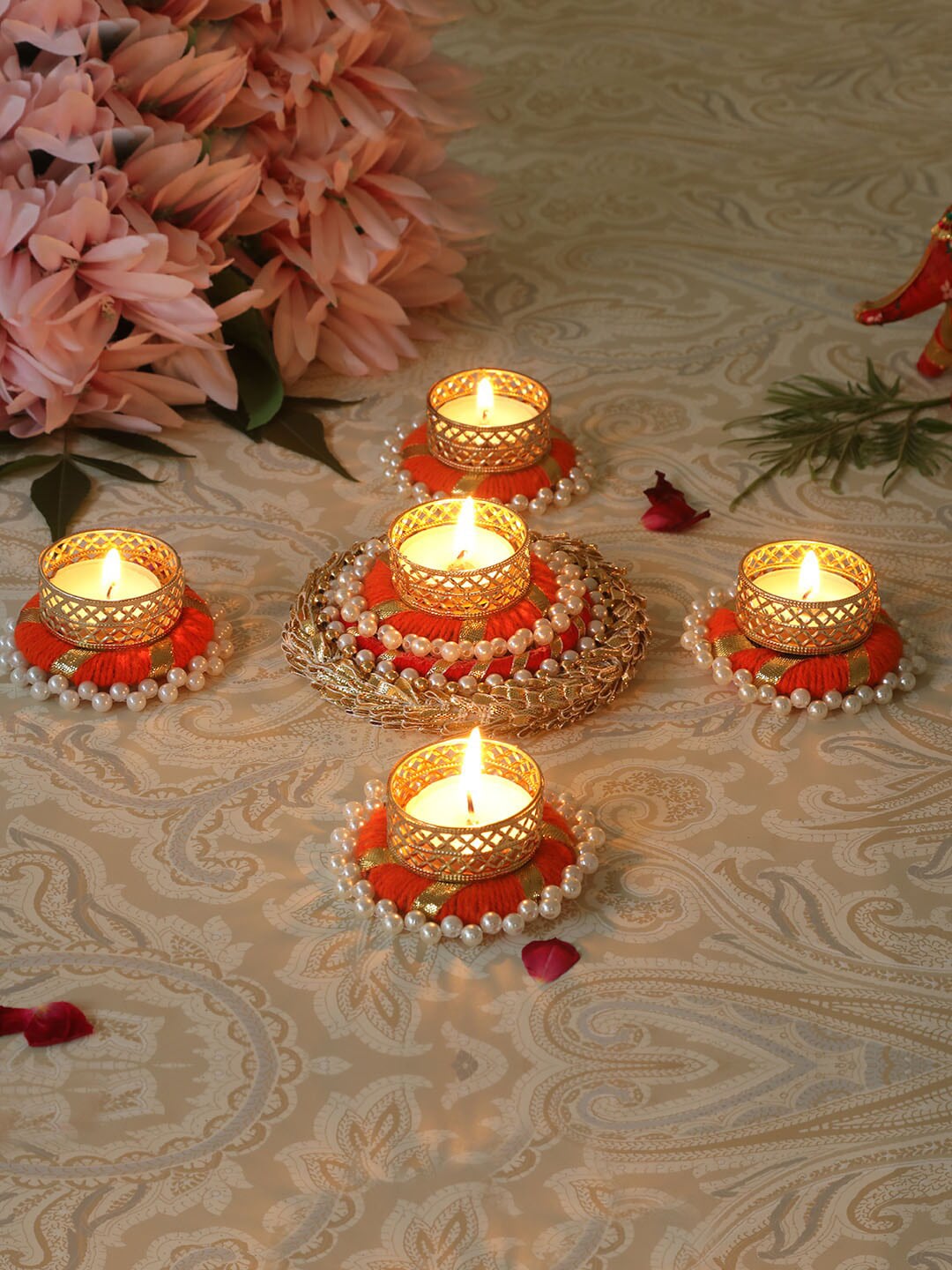 TIED RIBBONS Set of 5 Orange & Gold-Toned Tealight Candle Holder Price in India