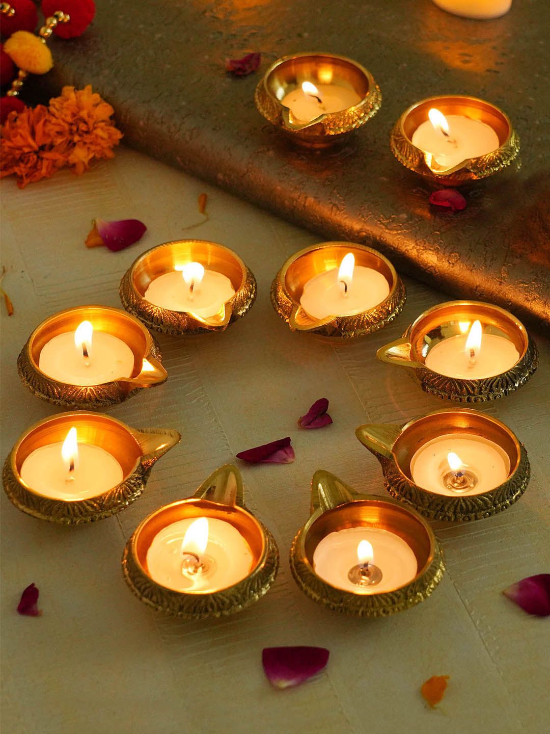 TIED RIBBONS Set of 10 Decorative Brass Diya Oil Lamp Candle Holder Price in India