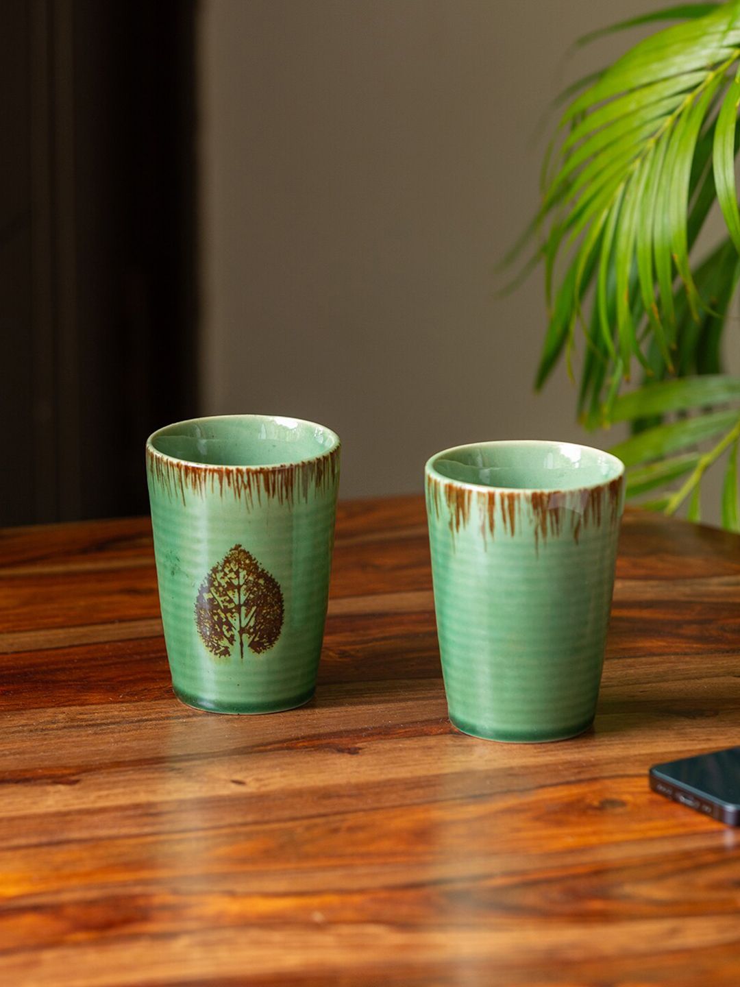 ExclusiveLane Green & Brown Floral Printed Ceramic Glossy Tea & Milk Glasses Price in India