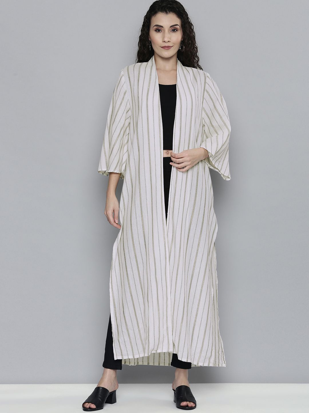 SCOUP Women Cream-Coloured Striped Longline Shrug Price in India