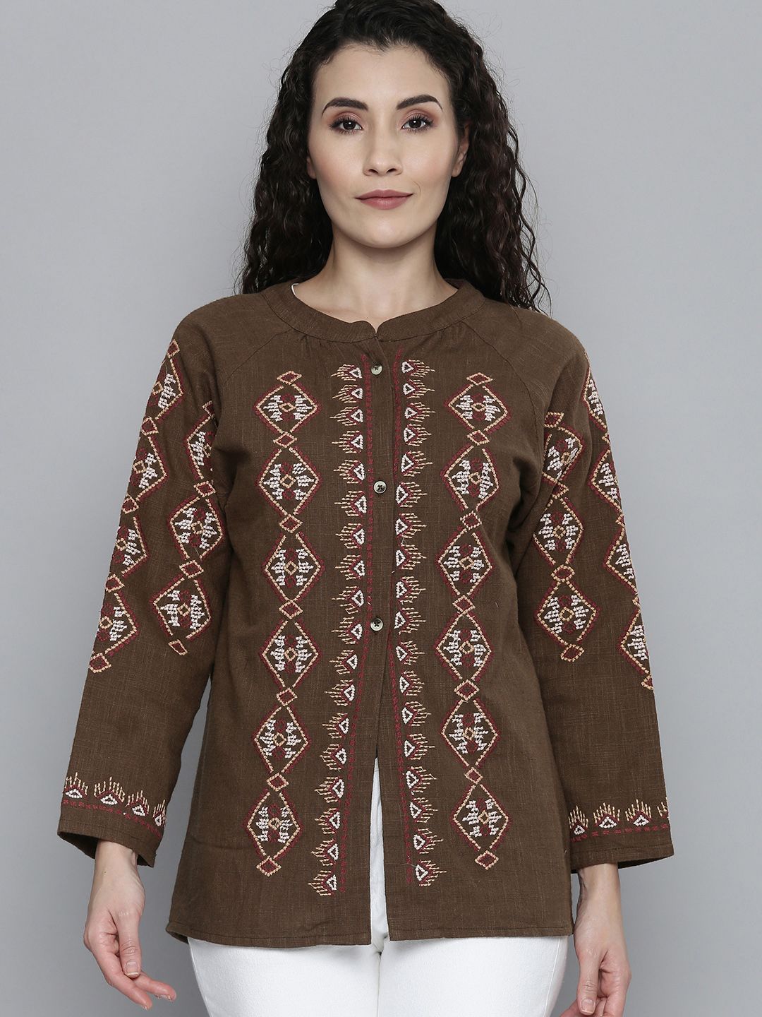 SCOUP Women Brown Cotton Geometric Tailored Jacket with Embroidered Price in India