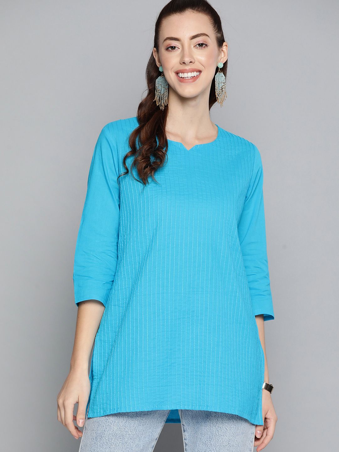 HERE&NOW Women Blue Pintux Detail Solid Kurti Price in India