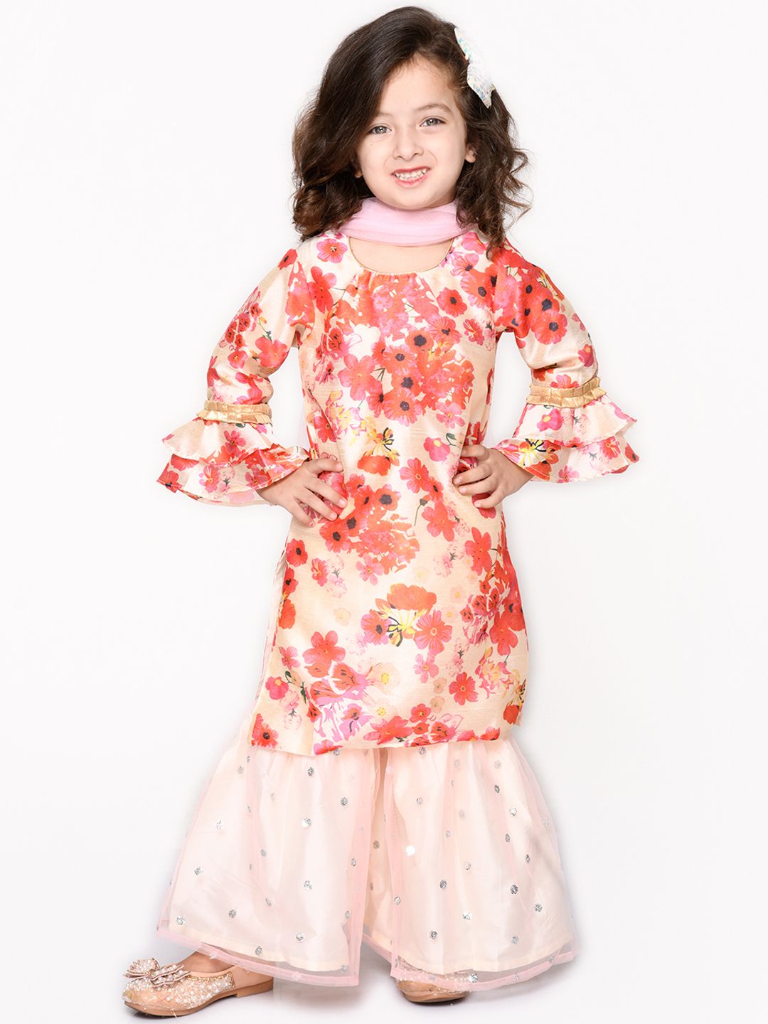 SAKA DESIGNS Girls Pink Floral Printed Empire Sequinned Kurta with Sharara & Dupatta