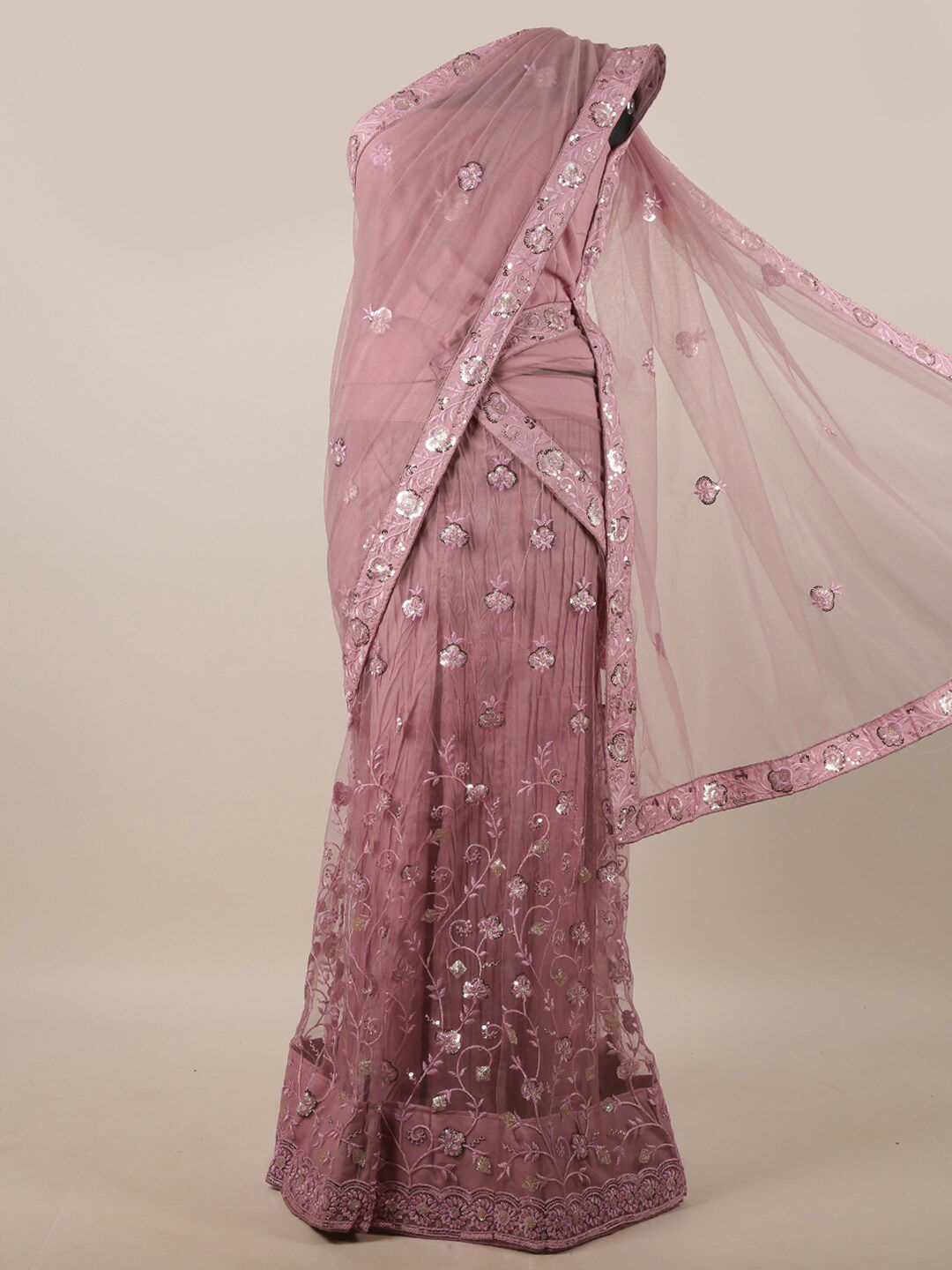 Pothys Mauve Embroidered Sequinned Unstitched Lehenga & Blouse With Dupatta Price in India