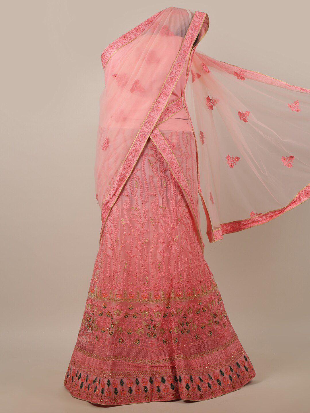 Pothys Pink Embroidered Unstitched Lehenga & Blouse With Dupatta Price in India