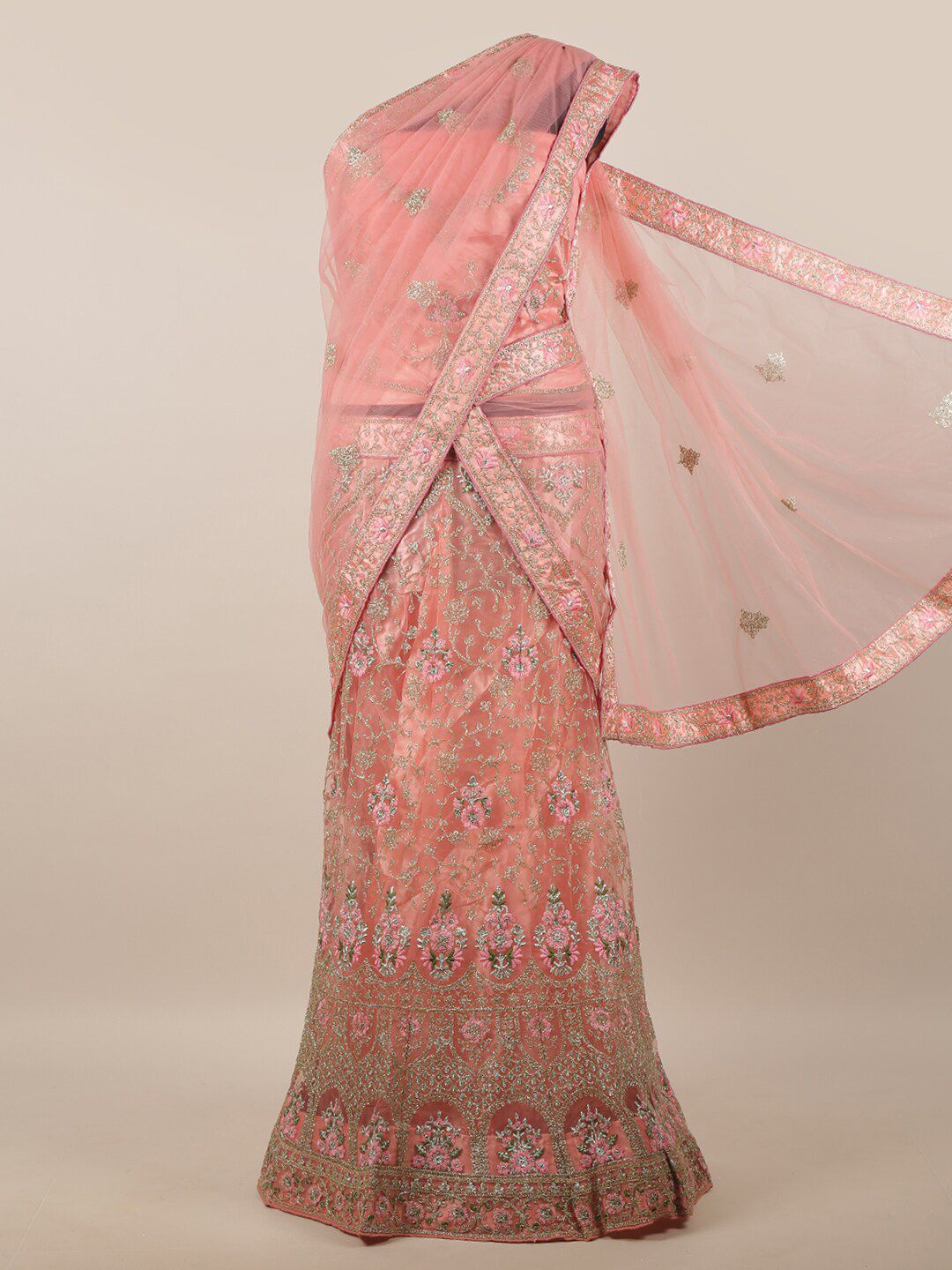 Pothys Pink & Gold-Coloured Embroidered Unstitched Lehenga & Blouse With Dupatta Price in India