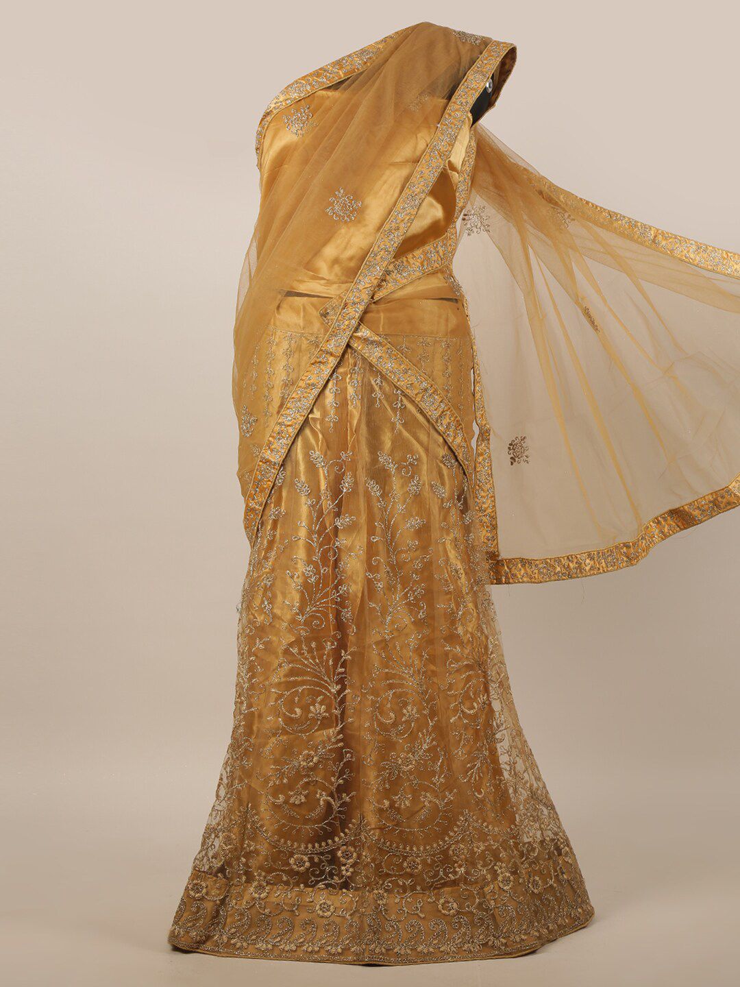 Pothys Gold-Toned & Silver-Toned Embroidered Unstitched Lehenga & Blouse With Dupatta Price in India