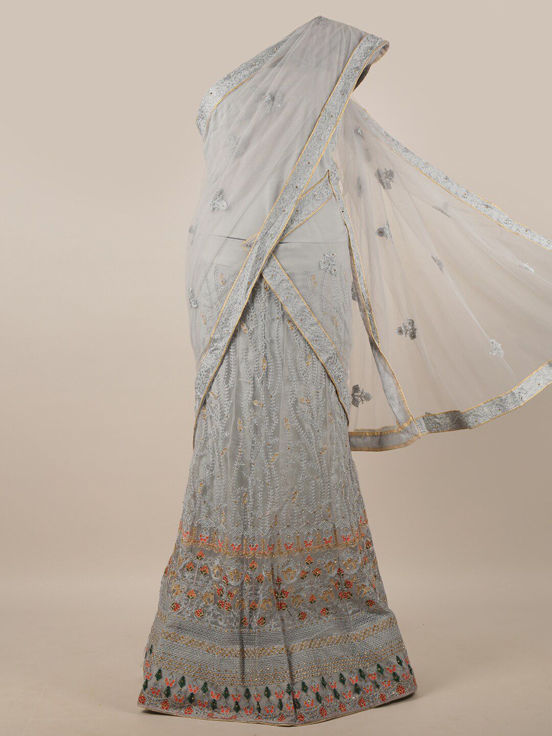 Pothys Grey & Gold-Toned Embroidered Unstitched Lehenga & Blouse With Dupatta Price in India