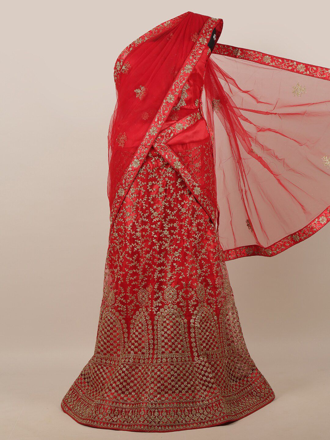 Pothys Red & Silver-Toned Embellished Unstitched Lehenga & Blouse With Dupatta Price in India