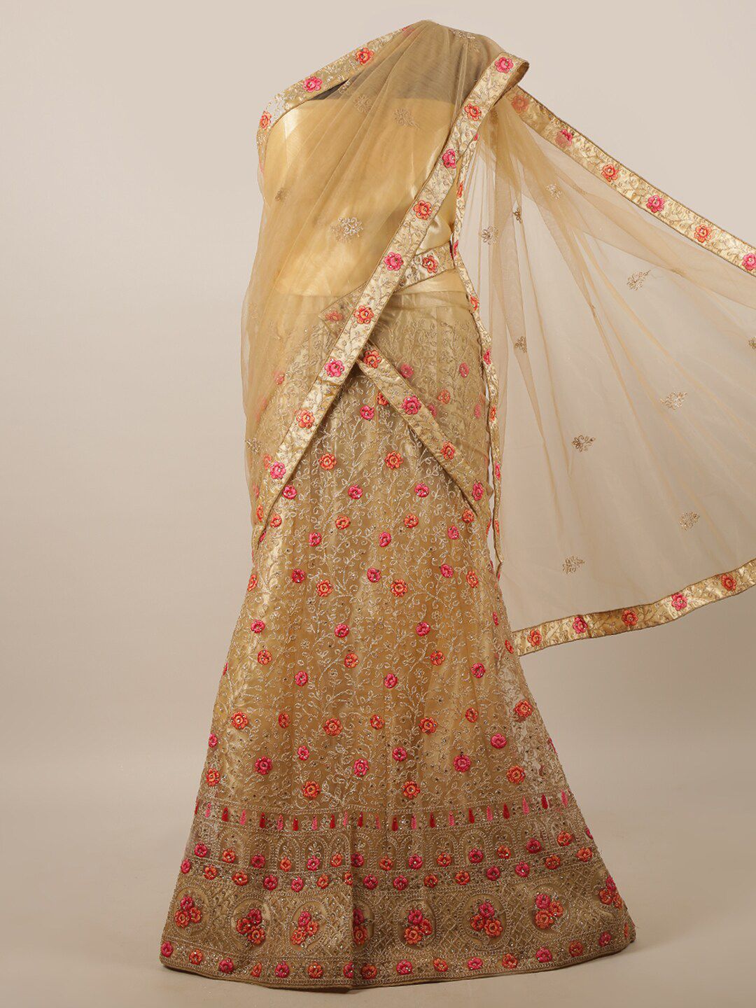 Pothys Cream-Coloured & Pink Embroidered Unstitched Lehenga & Blouse With Dupatta Price in India