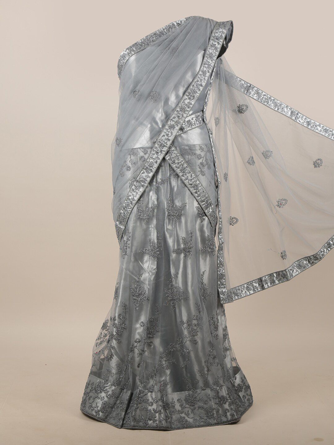 Pothys Grey & Silver-Toned Embroidered Unstitched Lehenga & Blouse With Dupatta Price in India