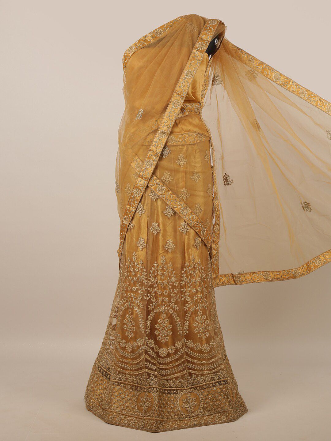 Pothys Gold-Toned Embroidered Unstitched Lehenga & Blouse With Dupatta Price in India