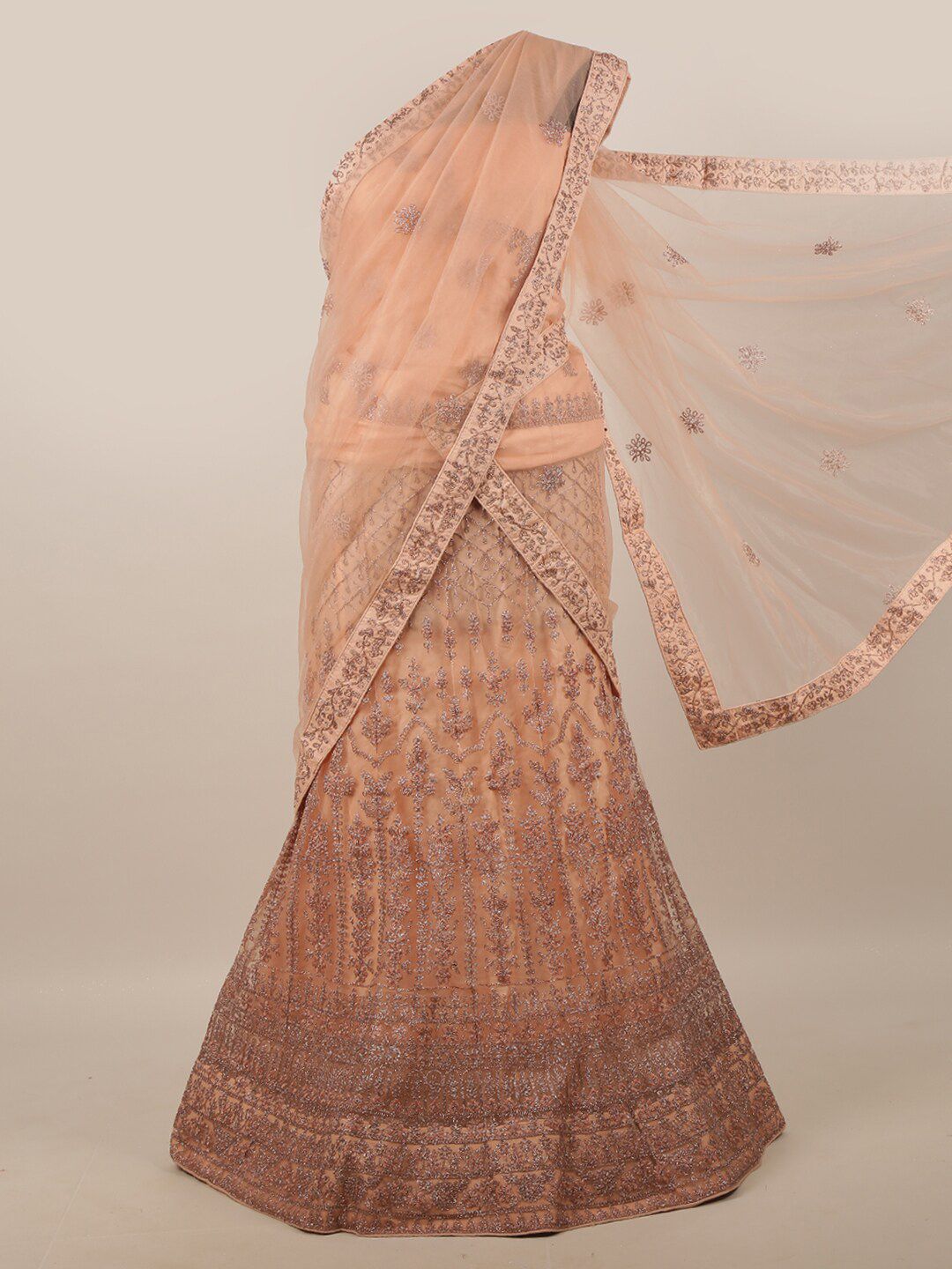Pothys Peach-Coloured & Silver Embroidered Unstitched Lehenga & Blouse With Dupatta Price in India