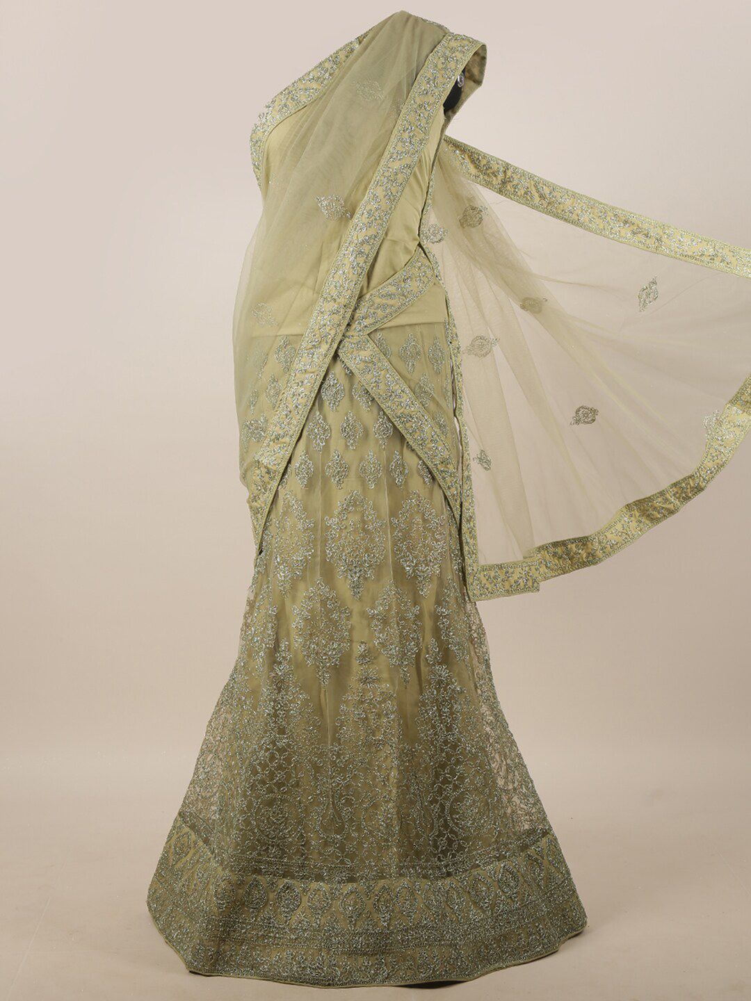 Pothys Green & Silver-Toned Embroidered Unstitched Lehenga & Blouse With Dupatta Price in India