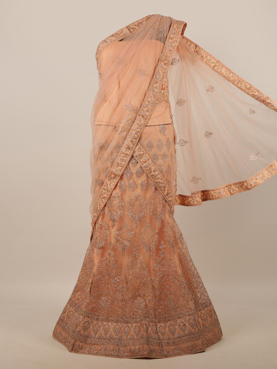 Pothys Peach-Coloured Embroidered Unstitched Lehenga & Blouse With Dupatta Price in India