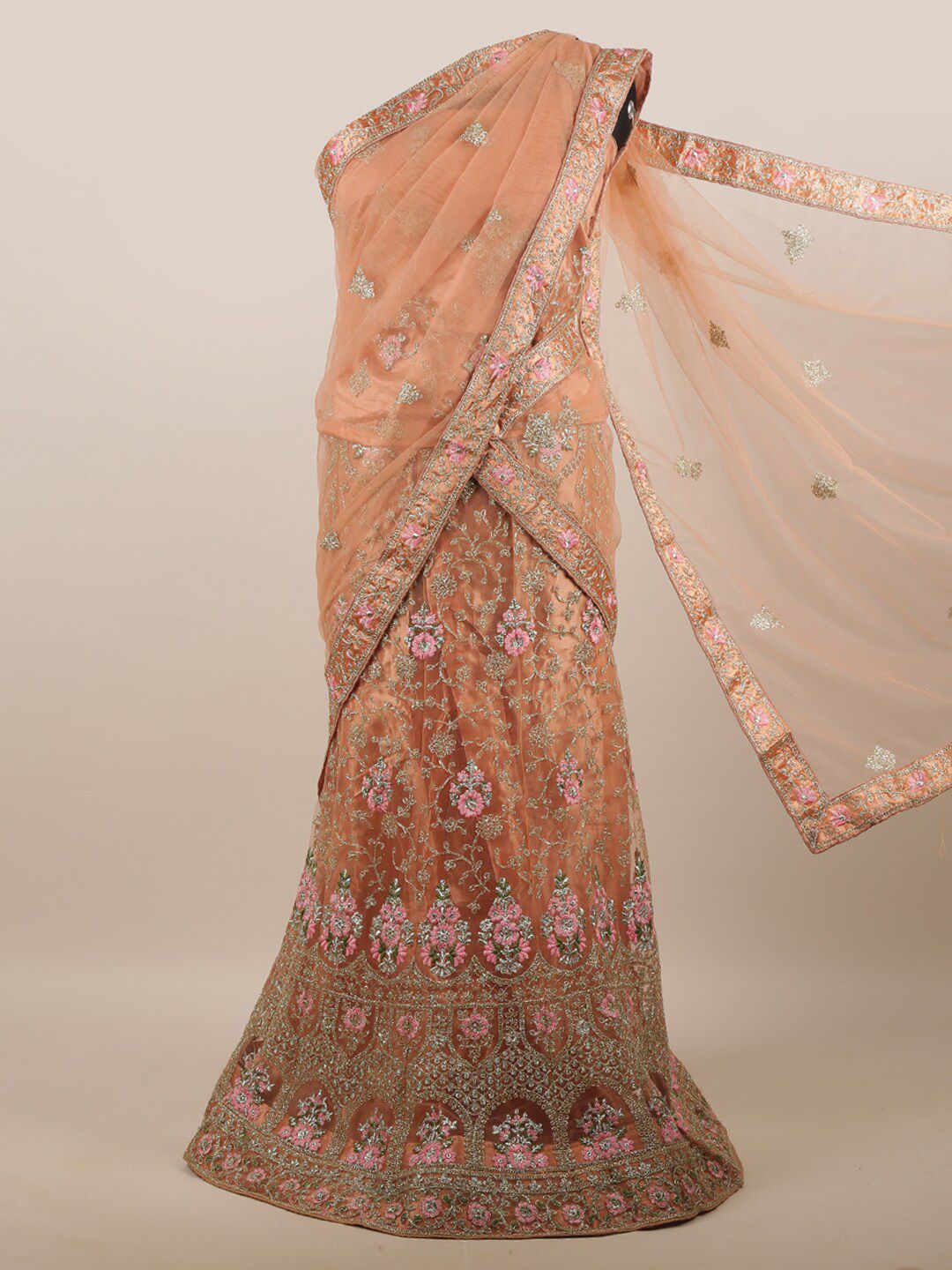 Pothys Peach-Coloured Embellished Unstitched Lehenga & Blouse With Dupatta