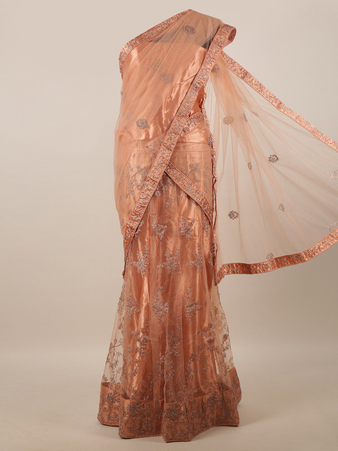 Pothys Peach-Coloured & Silver-Toned Embellished Unstitched Lehenga & Blouse With Dupatta Price in India