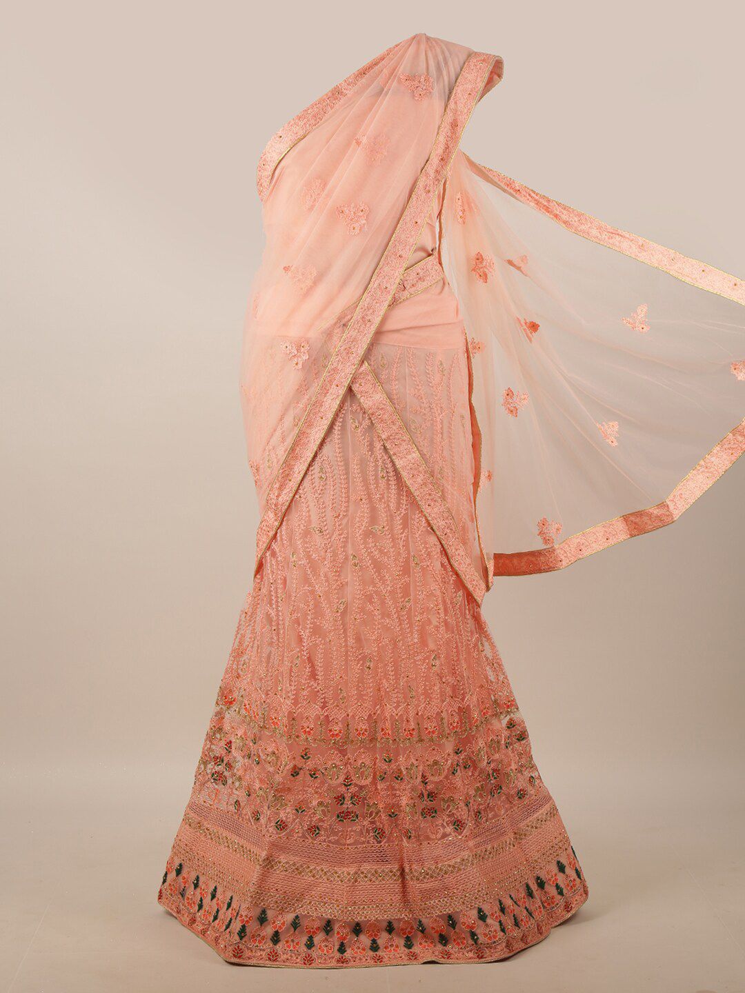 Pothys Peach-Coloured Embroidered Unstitched Lehenga & Blouse With Dhavani Price in India