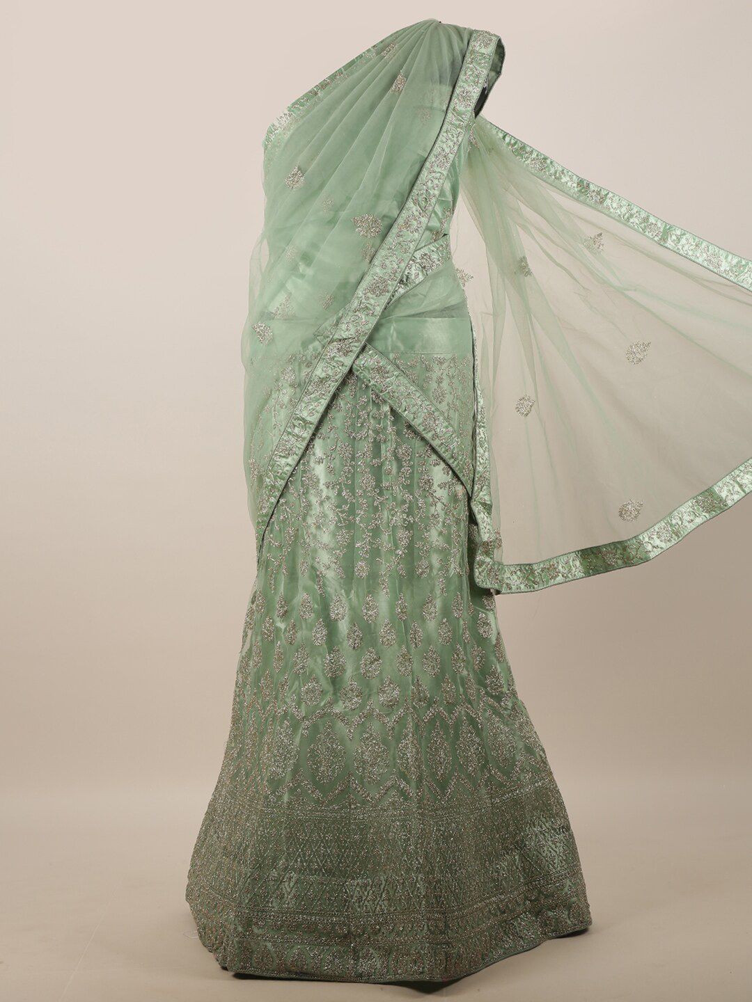 Pothys Green & Gold-Toned Embellished Unstitched Lehenga & Blouse With Dupatta Price in India