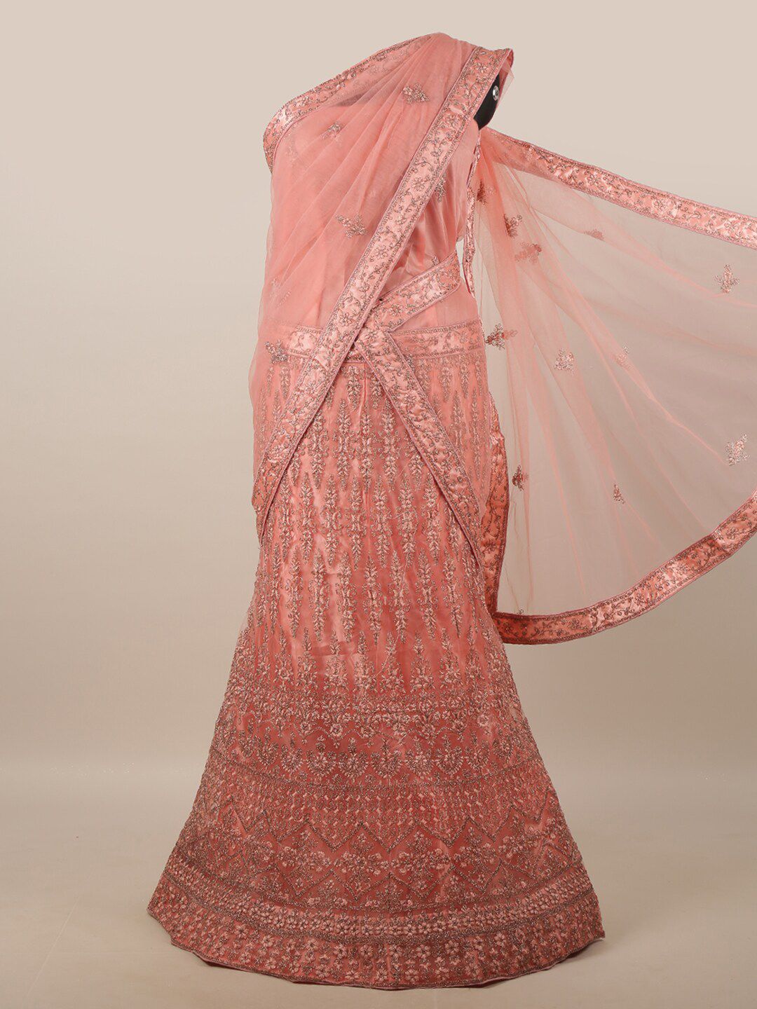 Pothys Peach-Coloured & Silver-Toned Embellished Unstitched Lehenga & Blouse With Dupatta Price in India