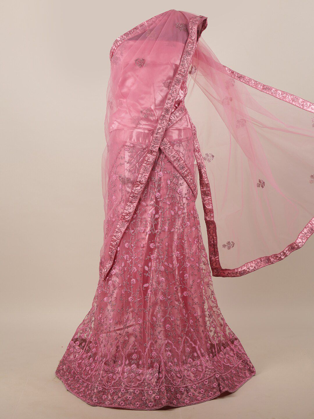 Pothys Pink Embellished Unstitched Lehenga & Blouse With Dupatta