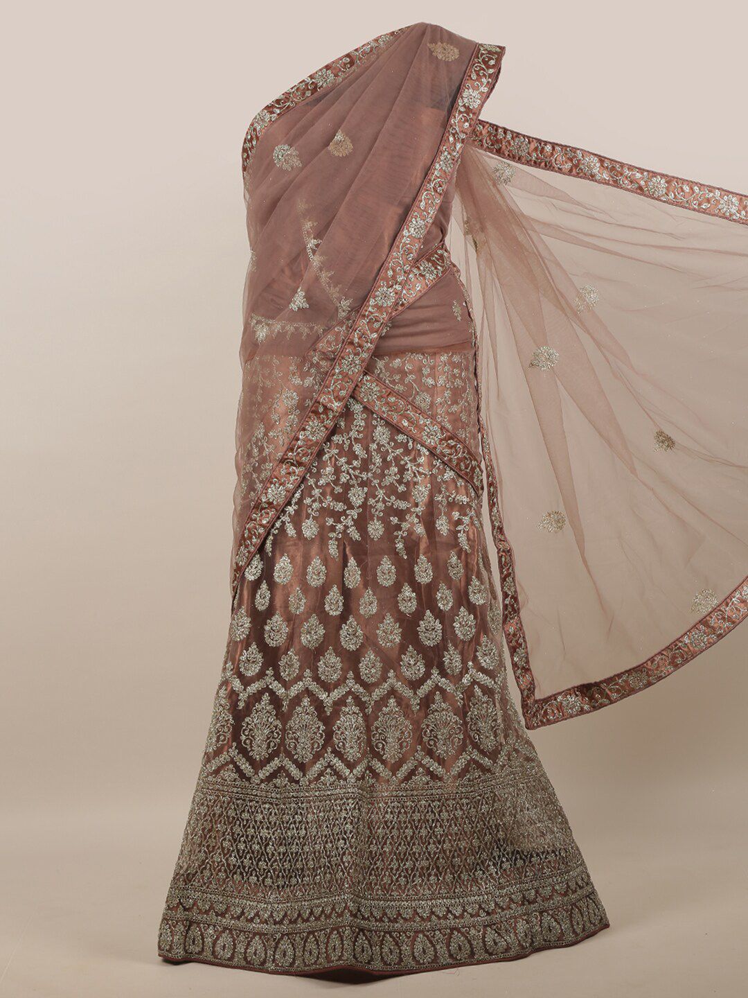 Pothys Mauve & Silver-Toned Embroidered Unstitched Lehenga & Blouse With Dupatta Price in India