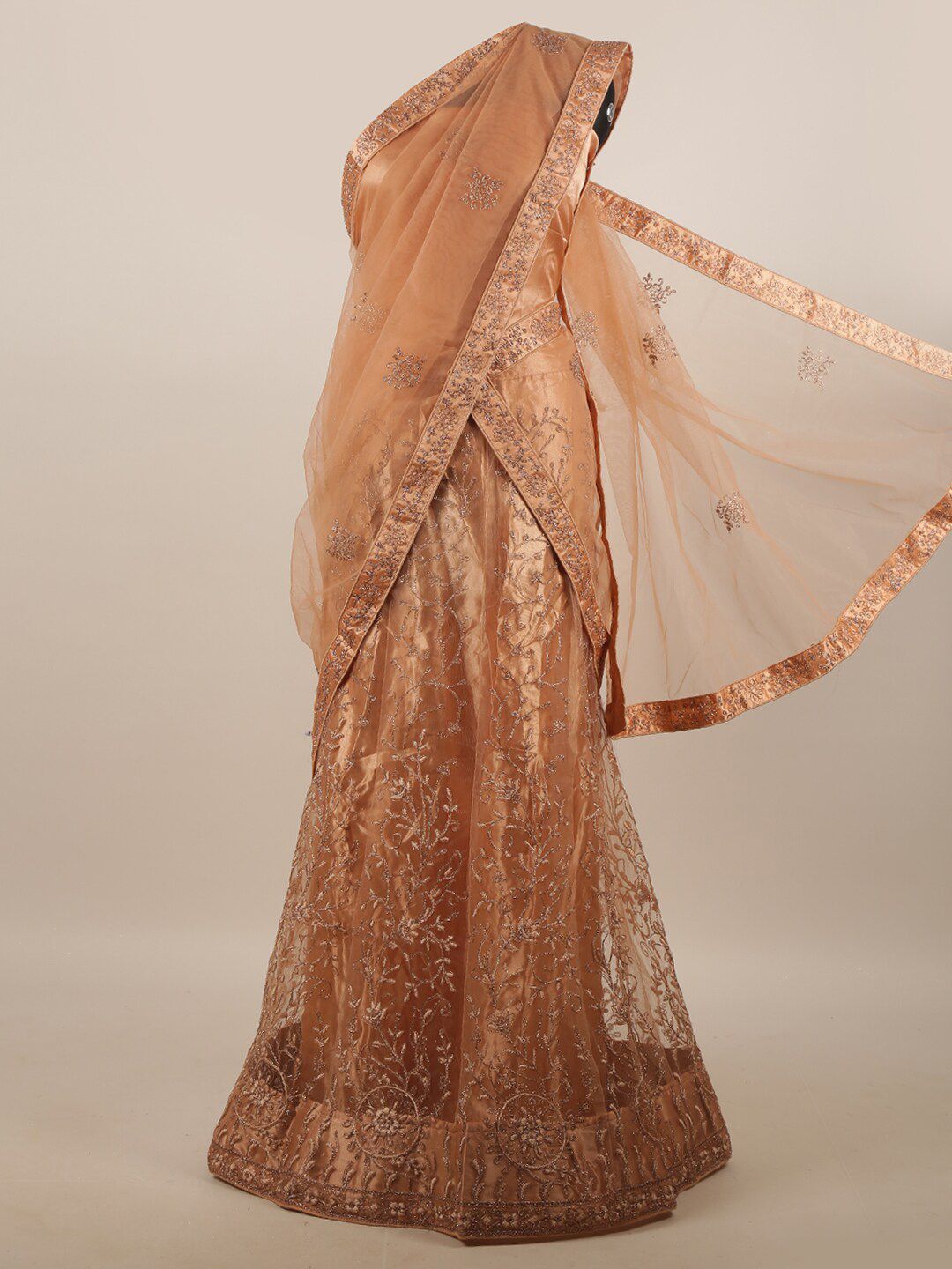 Pothys Peach-Coloured & Gold-Coloured Embellished Unstitched Lehenga & Blouse With Dupatta Price in India