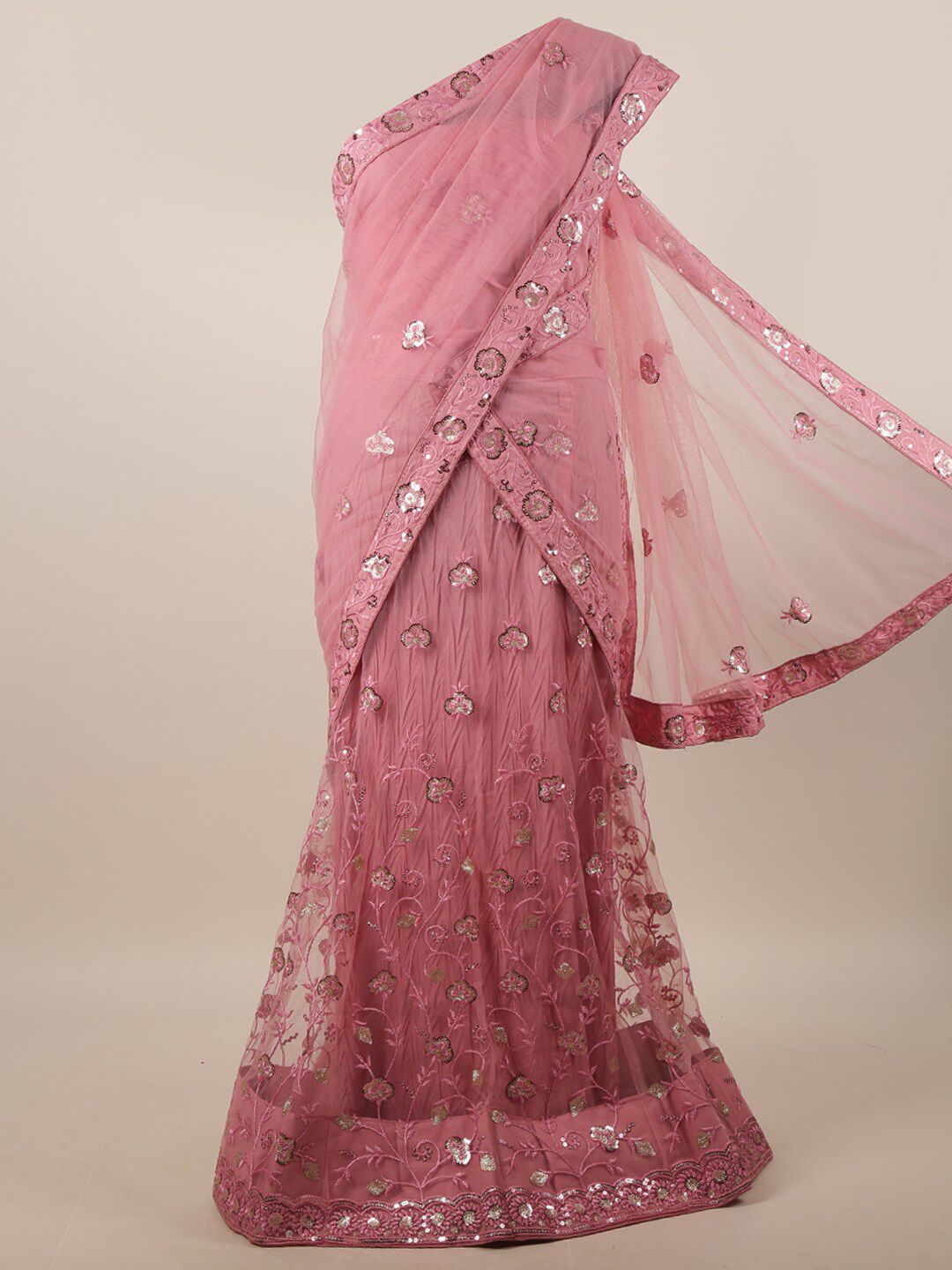 Pothys Pink & Silver-Toned Embroidered Unstitched Lehenga & Blouse With Dupatta Price in India