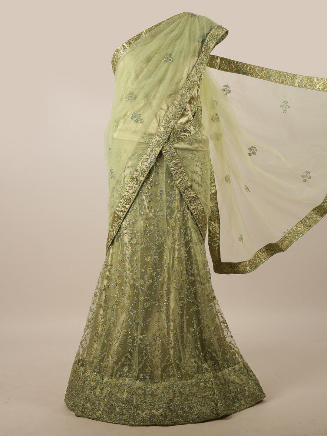 Pothys Green Embellished Unstitched Lehenga & Blouse With Dupatta Price in India