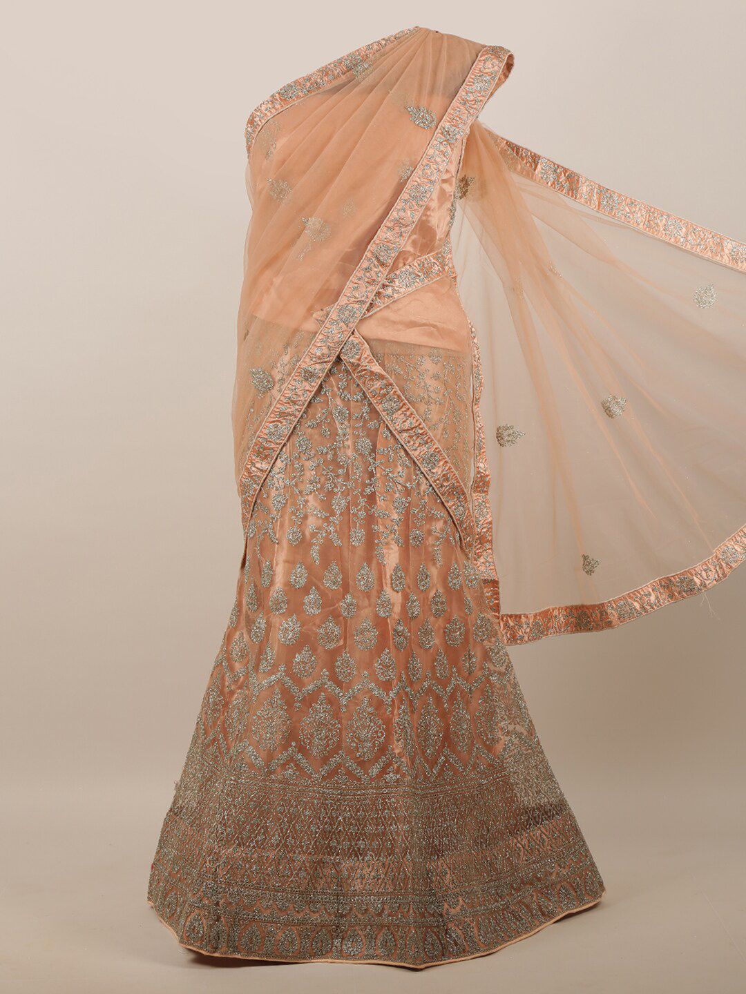 Pothys Women Peach & Silver Embroidered Unstitched Lehenga Choli With Dupatta Price in India