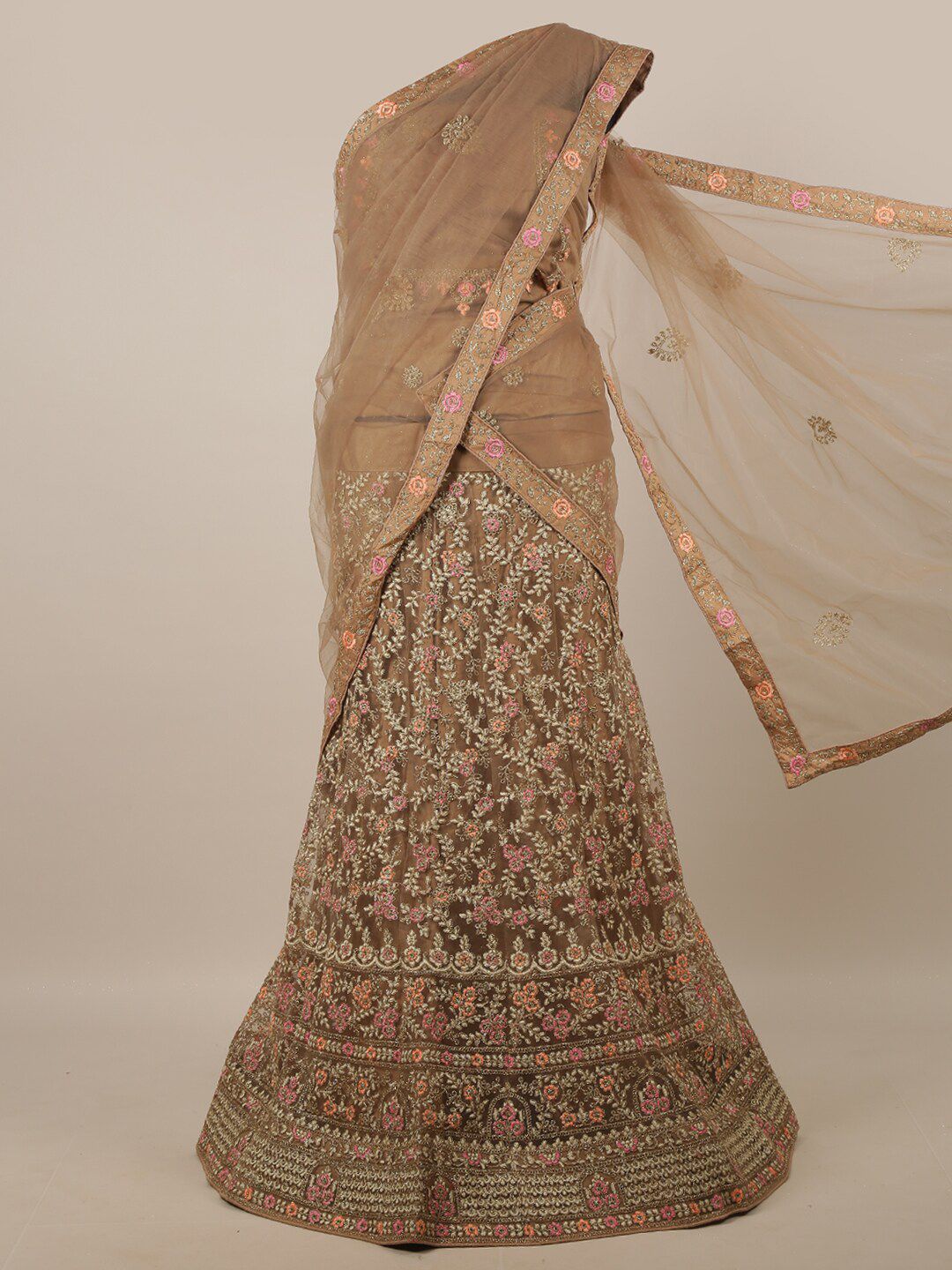 Pothys Brown Embellished Beads and Stones Unstitched Lehenga & Blouse With Dupatta Price in India