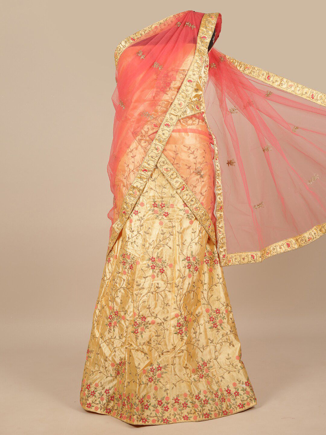 Pothys Pink & Gold-Toned Embroidered Unstitched Lehenga & Blouse With Dupatta Price in India