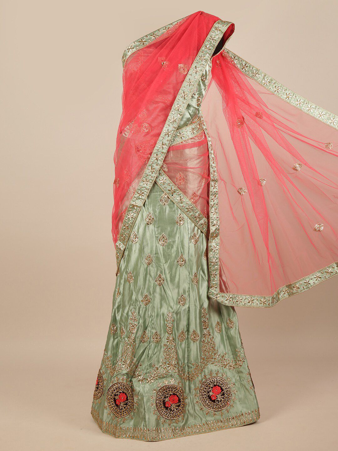 Pothys Pink & Green Embellished Unstitched Lehenga & Blouse With Dupatta Price in India
