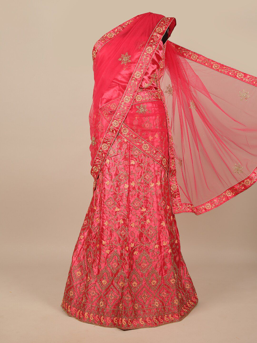 Pothys Pink & Gold-Toned Embroidered Unstitched Lehenga & Blouse With Dupatta Price in India